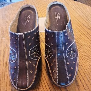 Spring Step Leather Clog Mules Floral Cutout Comfort Shoes EU 37, US 6.5